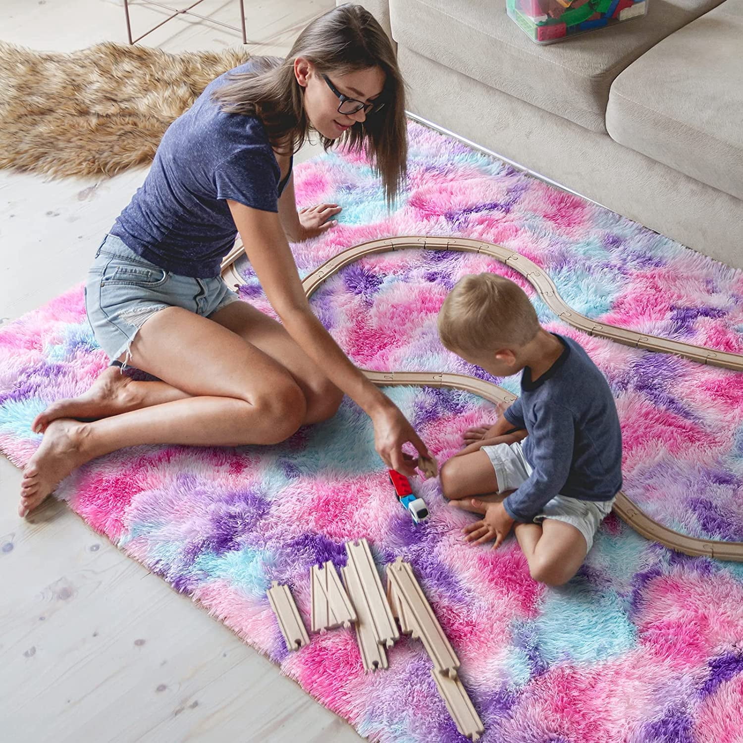 Noahas Modern Abstract Shaggy Rugs Fluffy Carpet For Living Room Bedroom Nursery Room, Purple, 8'x10'