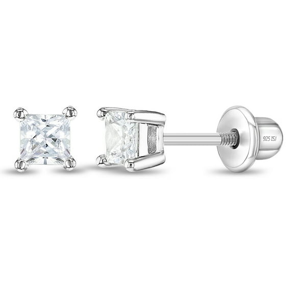 Boucles d'Oreilles Clou en Argent Sterling 925 3 mm Solitaire Carré en Oxydes de Zirconium à Vis pour Tout-Petits