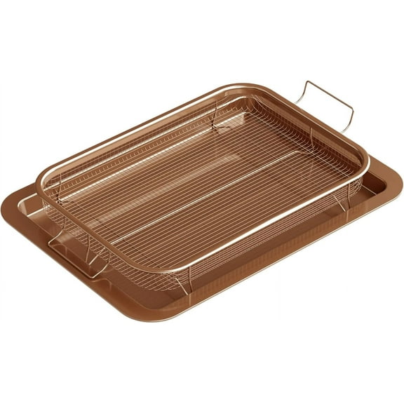 Air Fryer Tray, Dishwasher Safe Oven Air Fryer Basket and Tray Set ,2 in 1 Nonstick Air Fry Basket with Elevated Mesh Great for Oven,(12.8" x 9.6", Brown)
