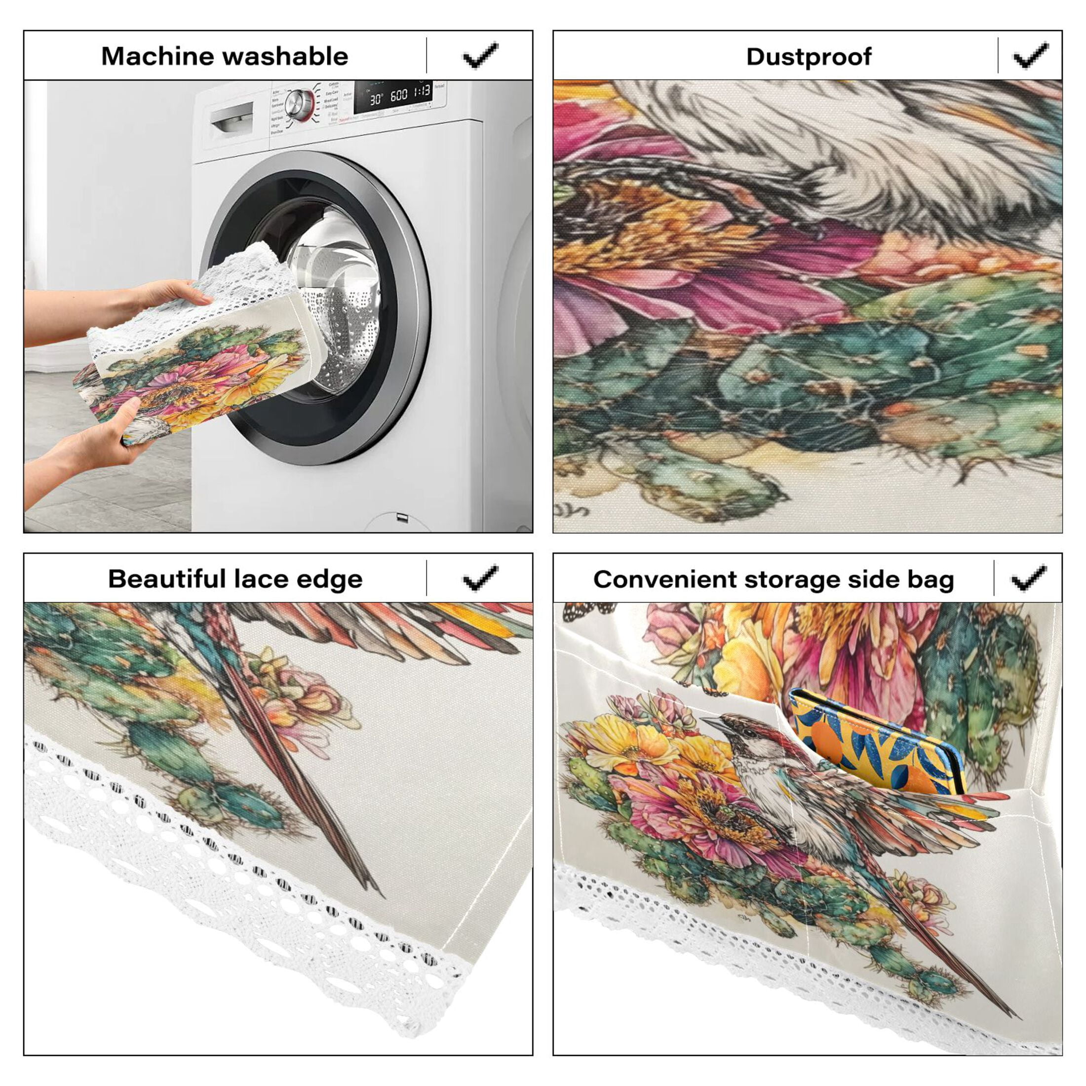 Sparrow with Cactus FlowerWasher and Dryer Covers Dust-Proof and Oil Resistant Fridge Cover with 4 Storage Pockets Washing Machine Top Cover for Laundry Kitchen Home 51.2 x 22 In