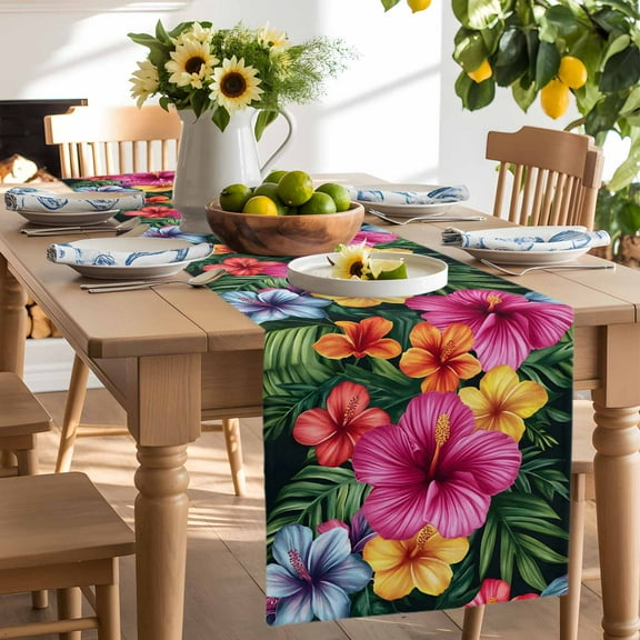 Watercolor Tropical Plant Flowers Table Runner-90 Inch Long Nature Floral Leaves Table Runners Linen Burlap Tablerunner for Kitchen Dining Room Holiday Party
