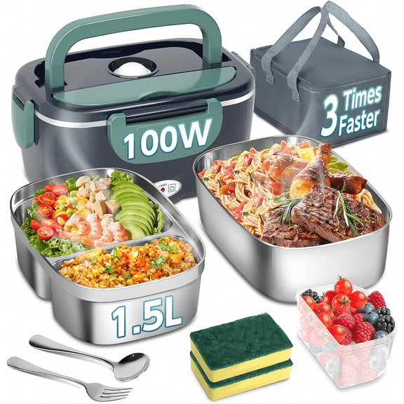 Electric Lunch Box Food Heater for Work-100W,3-IN-1 Fast Heating Lunch Boxes Portable Food Heater for Adults,12V/24V/110V 1.5L Lunch Box with Leak-Proof Lid for Car Truck Office (3 Times Faster)