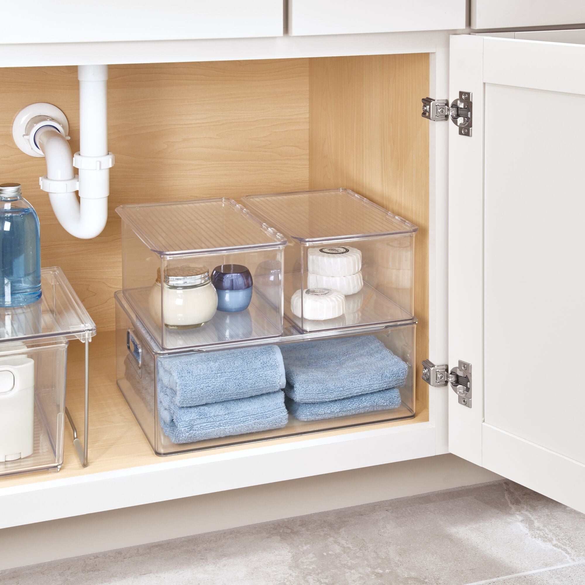 iDesign Plastic Stackable Bathroom Cabinet Organizer Box, Hinged-Lid, Clear