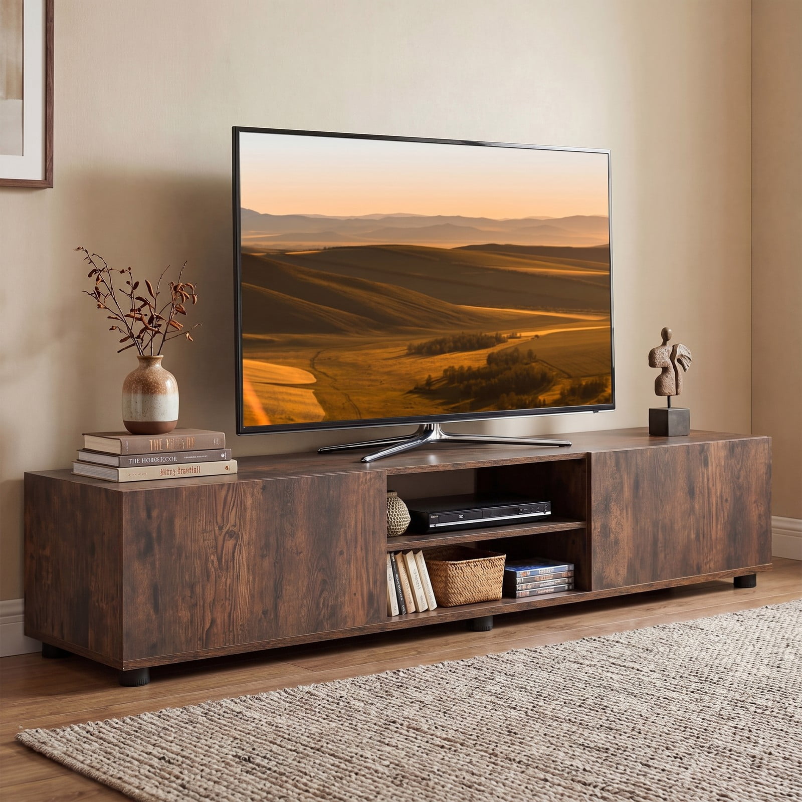 Furnibear Modern TV Stand for TVs up to 70 Inch, Minimalist Entertainment Center with 2 Doors and Open Shelves, Wood Media Console for Living Room, Rustic Brown