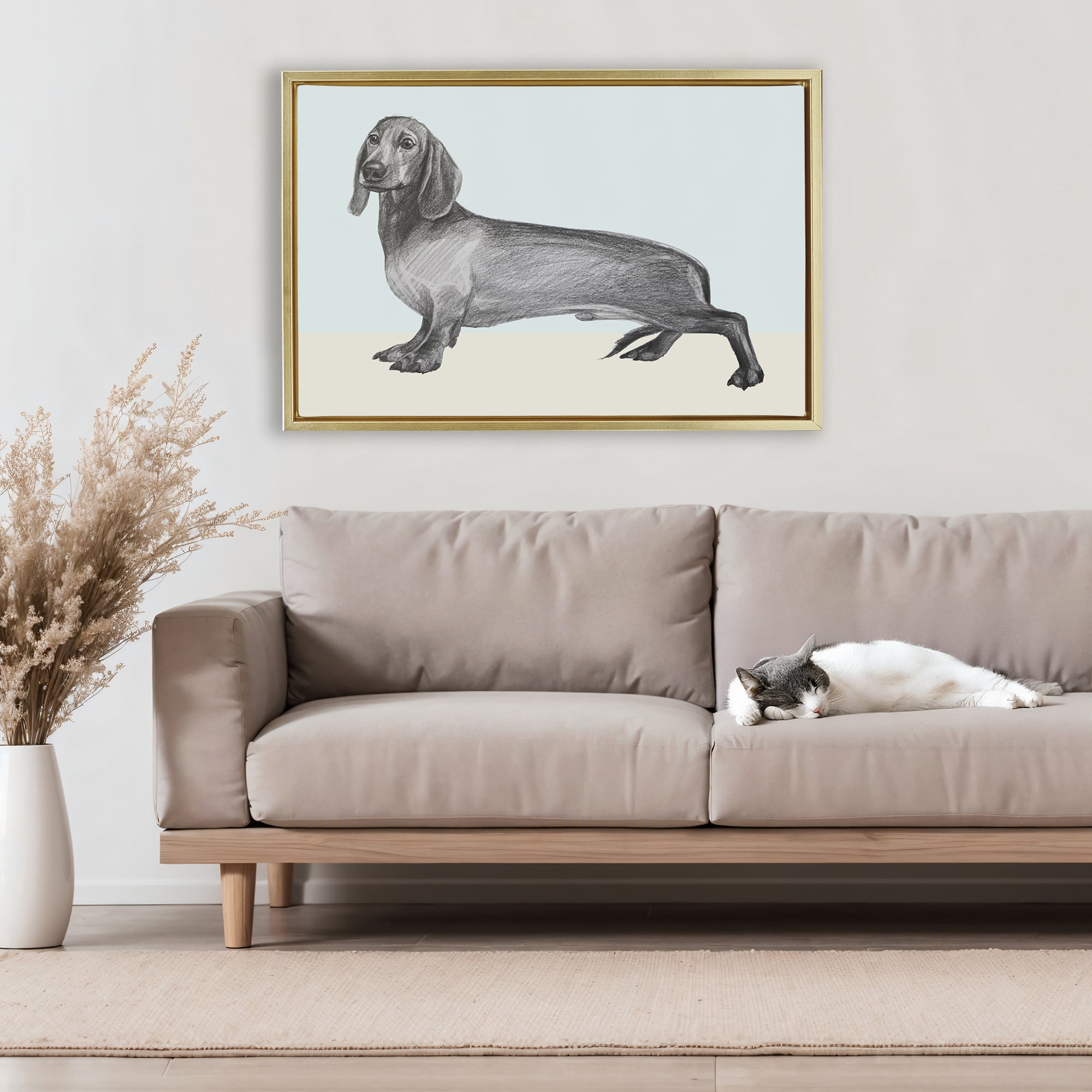 Stupell Industries Sketched Dachshund on Blue Gold Framed Floater Canvas Wall Art, design by Violeta Vollmer