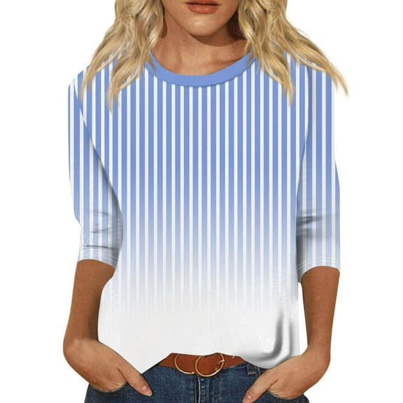 Zkozptok Women's Casual Striped Print Tee Tops 3/4 Sleeve Crew Neck Shirts Color Block Pullover Blouses
