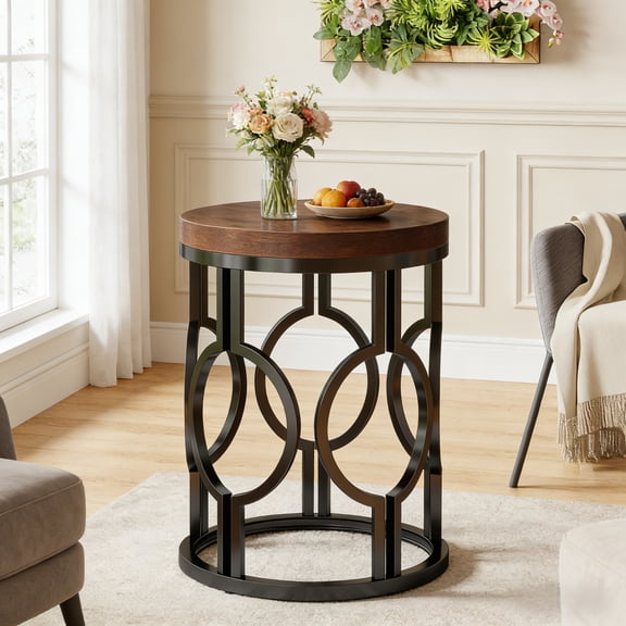 Fnova Round End Table, Industrial Small Side Table with Metal Hollow Frame for Living Room, Bedroom, Easy Assembly Nightstand