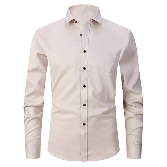 Wyobmus Mens Long Sleeve Shirt Classic Business Style Slim Fit Solid Button Down Shirt Beige