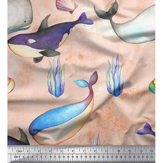 Soimoi Rayon Fabric Shell & Whale Fish Ocean Decor Fabric Printed Yard 56 Inch Wide