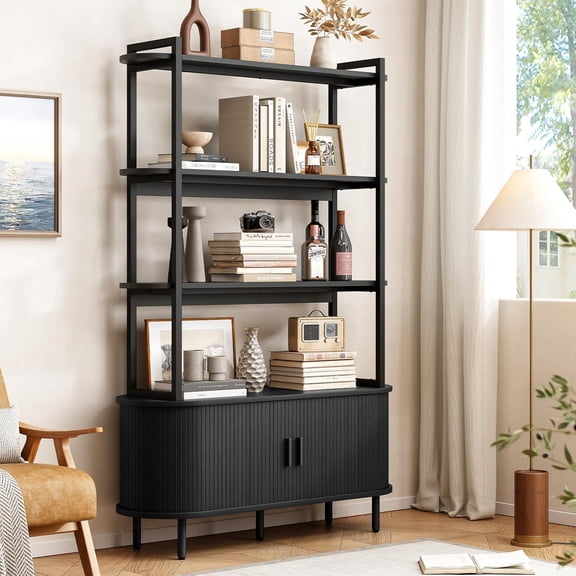 ONBRILL 71" Tall Bookshelf, 4-Tier Book Shelf with Storage Cabinet, Modern Bookcase with Sliding Door and Adjustable Footpad, Freestanding Storage Organizer Bookshelf for Living Room, Bedroom, Black