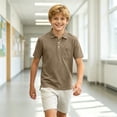 thumbnail image 5 of Havenx Boys School Uniform Polo Shirt Short Sleeve Button Collared Polo with Pocket Moisture Wicking Golf Shirt Dry Fit Athletic School Uniform Casual Clothing,Light Brown 130(7-8Y), 5 of 6