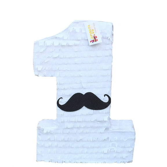 APINATA4U 20" Tall White Number One Pinata with Mustache Accent Little Man First Birthday