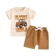 thumbnail image 4 of JUMEYU Toddler Boys Outfits Baby Boy Outfit Short Sleeve Print T Shirts Top and Striped Shorts Set Todder Boys Summer Clothes 12 18 Months (Brown,12-18 Months), 4 of 4