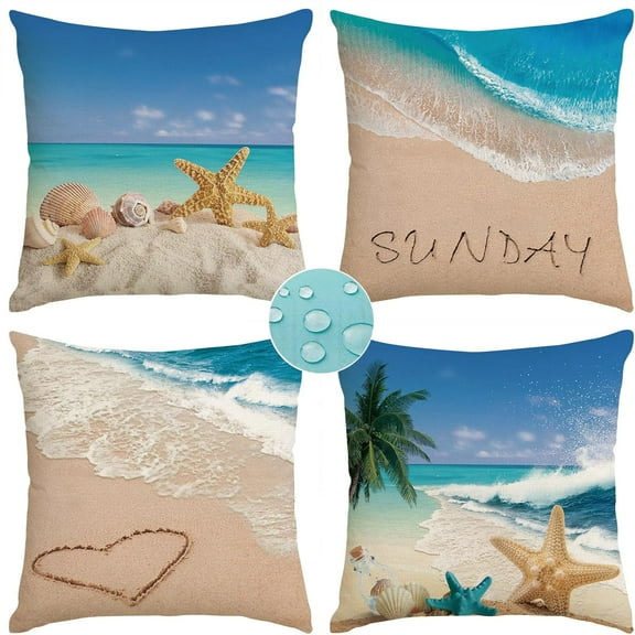 Coastal Beach Pillow Covers 18x18 Set of 4 Outdoor Waterproof Throw Pillow Covers Starfish Seashells Summer Decorations Cushion Case for Garden Patio Furniture (Beach)