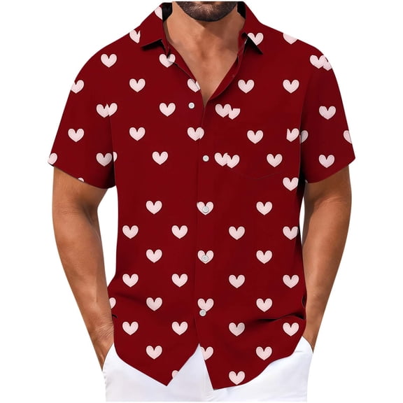 biudgviw Big and Tall Hawaiian Shirts for Men Valentines Day Heart Print Short Sleeve Tees Lapel Button Down Casual Graphic Top with Pocket