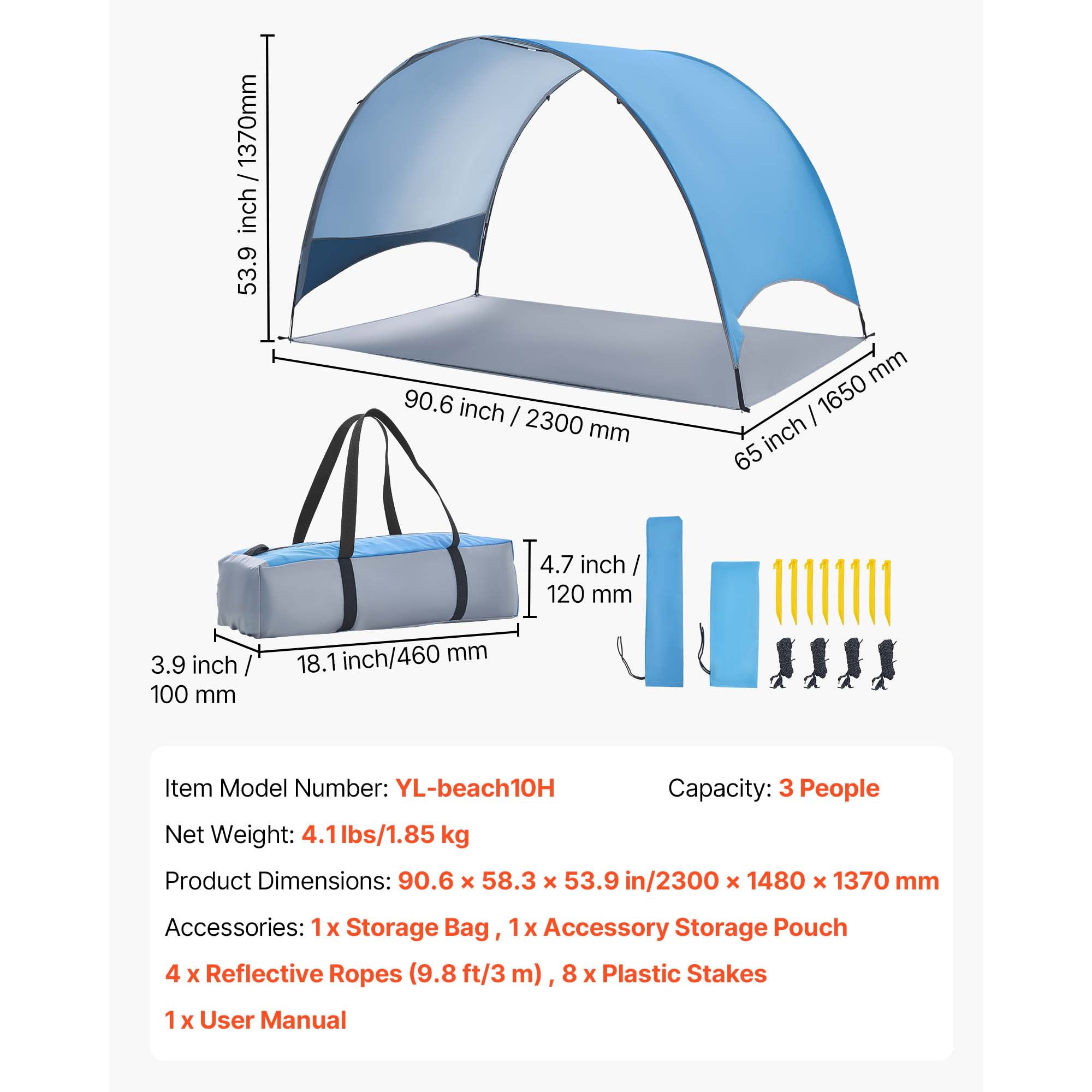 KFFKFF Beach Tent Sun Shelter for 3 People, UPF 50+ Sun Protection, Portable Canopy with Carry Bag & Ground Stakes, Lightweight and Simple Setup for Camping, Fishing, Outdoor Picnics