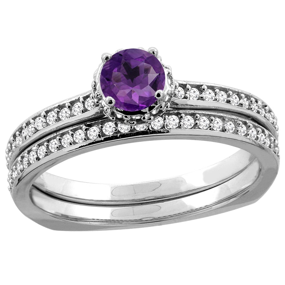 10K White Gold Diamond Natural Amethyst 2-pc Bridal Ring Set Round 4mm, sizes 5 10 by WorldJewels
