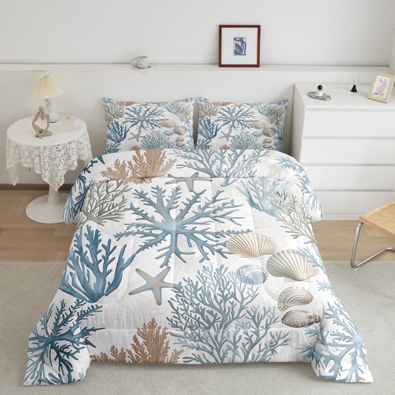 Erosebridal Ocean Coral Bedding Sets Full with Comforter, Light Blue Duvet Insert, Cute Seashell Decor, Breathable 3 Pieces