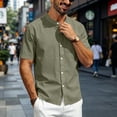thumbnail image 2 of Mens Linen Short Sleeve Shirt, Stand Collar Relaxed Fit Breathable Top for Business Casual and Daily Wear Army Green 2XL, 2 of 7