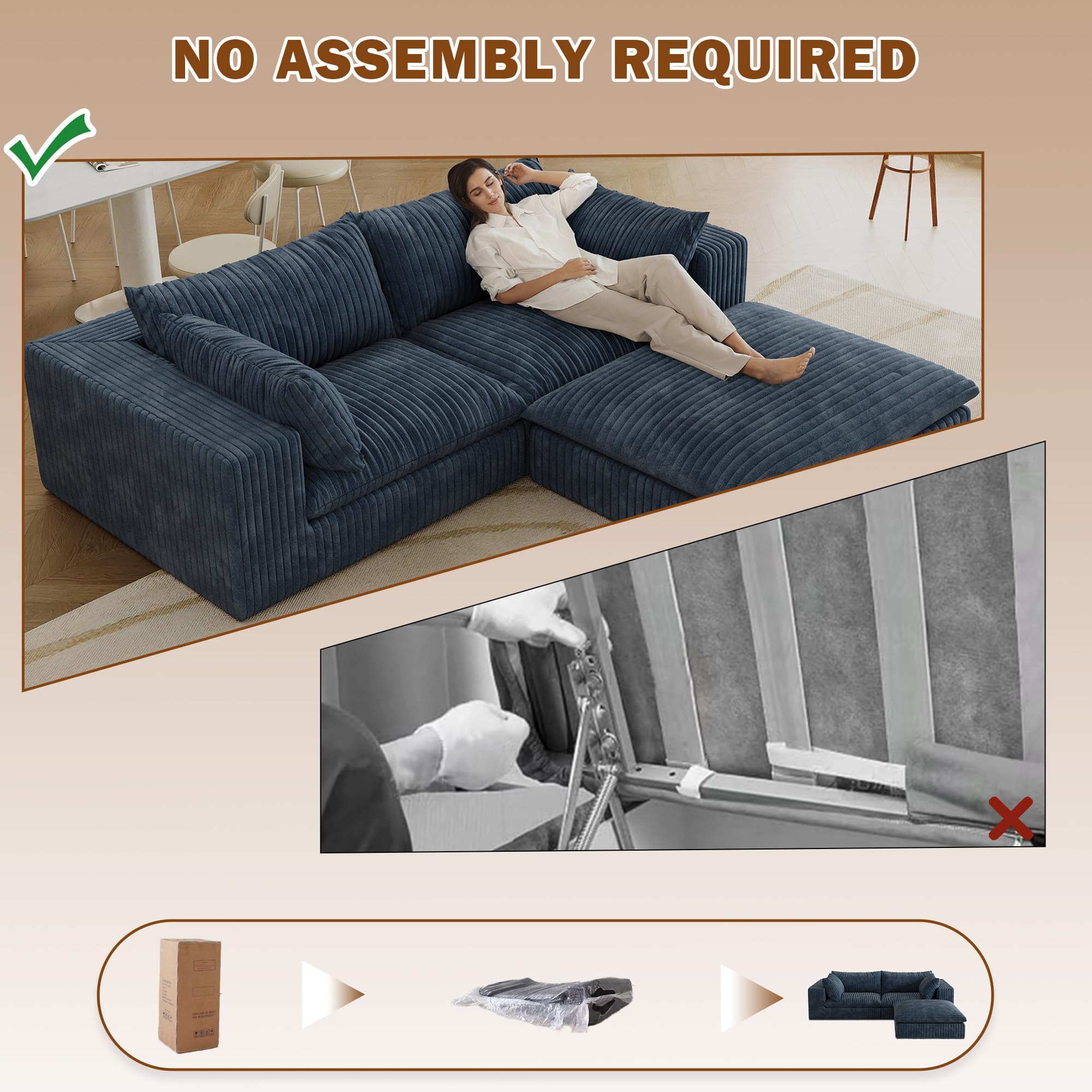 Eyisean 78.8" Corduroy Cloud Loveseat Couch with Ottoman, 2 Seater Comfy Boneless Couch with Throw Pillow, Removable Cushion, Lounge Sofa in a Box, Modular Sectional Sofa for Living Room, Bedroom
