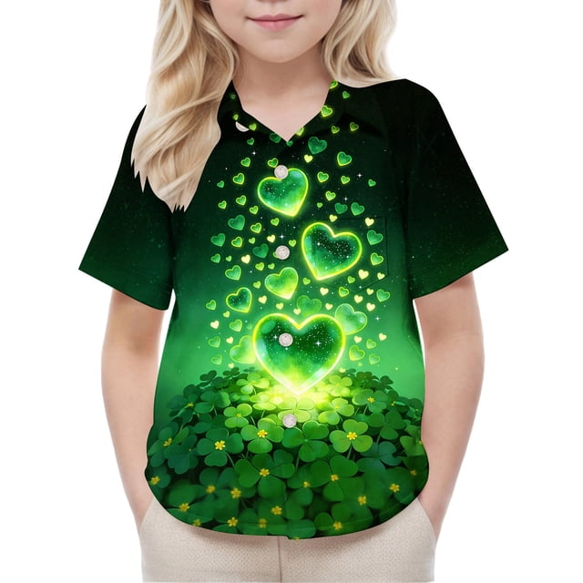 Blusa y camisa de manga corta con cuello vuelto, moderna e informal, con estampado del Día de San Patricio, con bolsillo, para uniforme escolar, para niños y niñas de 2 a 15 años.