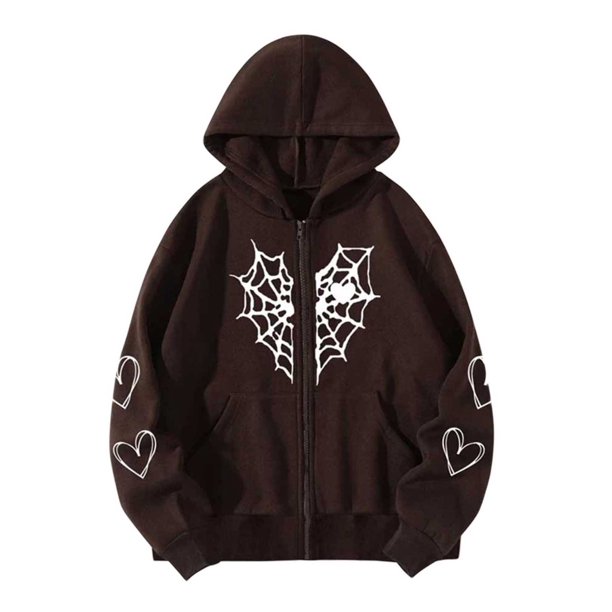 Chaqueta de calle para mujer Sunloudy, abrigo de sudadera con capucha y cremallera con estampado de patrón de telaraña de estilo gótico de gran tamaño de manga larga Sunloudy S M L