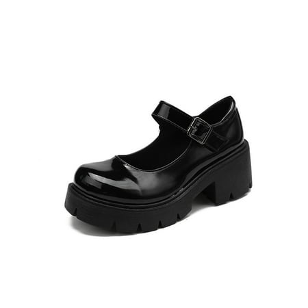 

Daeful Ladies Walking Shoe Buckle Mary Jane Chunky Platform High Heels Breathable Vintage Casual Daily Loafers Bright Black 9