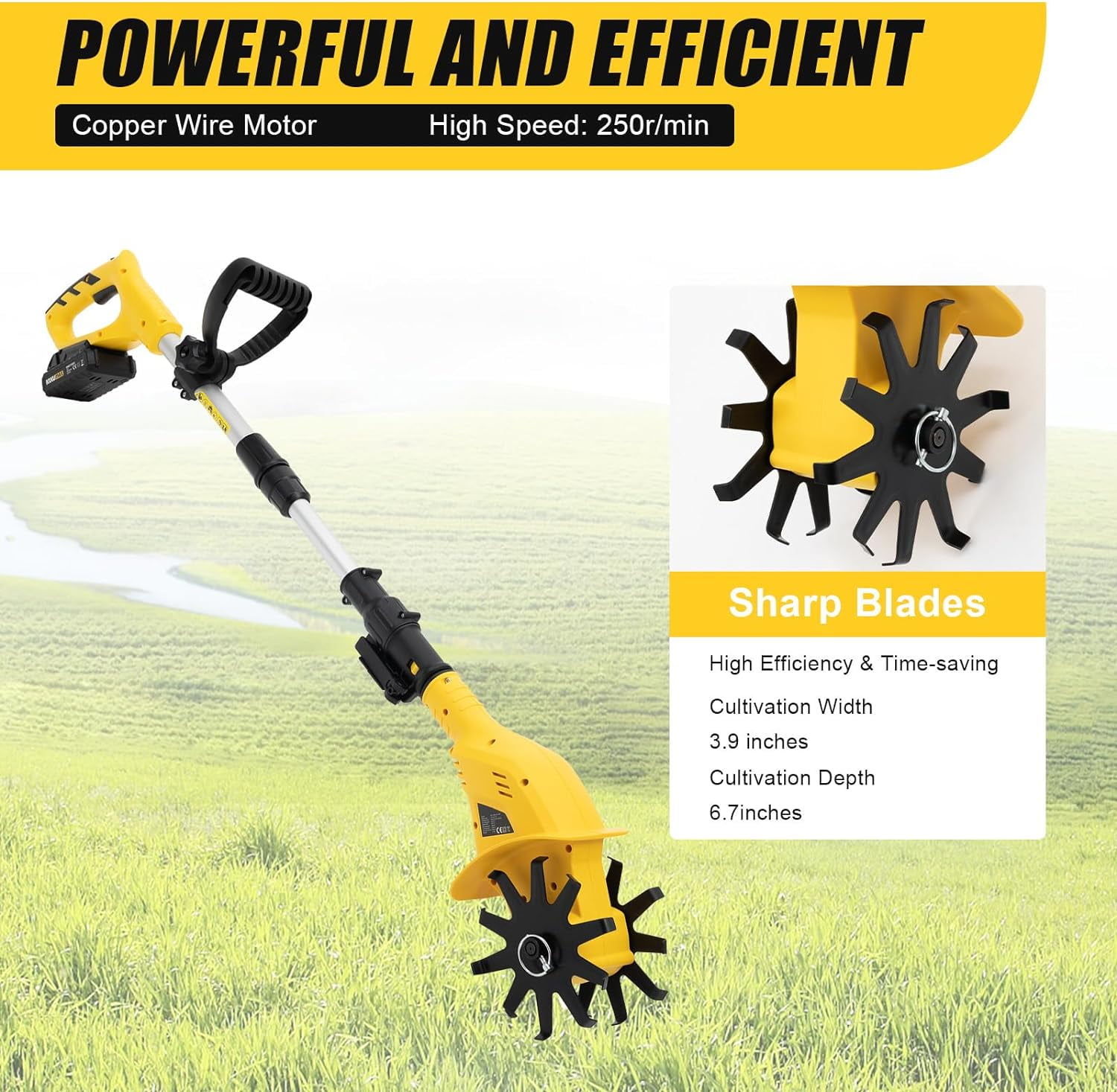 Cordless Tiller Cultivator, 20V Steel Tines Garden Tiller Battery Powered Garden Cultivator Cordless Electric Garden Tiller Cultivator for Soil or Reseeding Grass