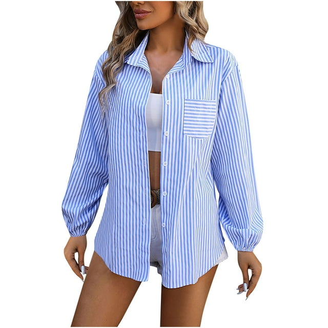 FAIWAD Womens Shirts Long Sleeve Button Down Lapel Shirts Striped Print Business Work Shirts with Pockets