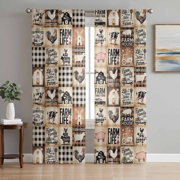 Farmhouse Checkered Sheer Curtains 84 Inch Length 2 Panels Set, Rustic Retro Farm Life Assembling Voile Window Treatment Rod Pocket Curtains Sheers Drapes for Bedroom/Living Room/Kitchen 52"x84"x2