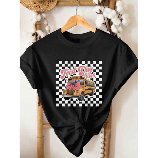 First Day of School Shirt - Kids' Soft Cotton T-Shirt with School Bus Graphic & Pink bow - Back to School outfit, Casual Top for Boys and Girls First Day of School attire, Comfortable Round Neck