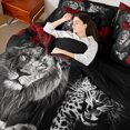 thumbnail image 4 of Feelyou Couple Lion Wildlife Bedding Comforter Set 7pcs, Romantic Jungle Animal Queen Bedding Sets, Red Anniversary Rose Reversible Queen Sheet Sets, Ultra Soft Bedroom Decor, 4 of 8