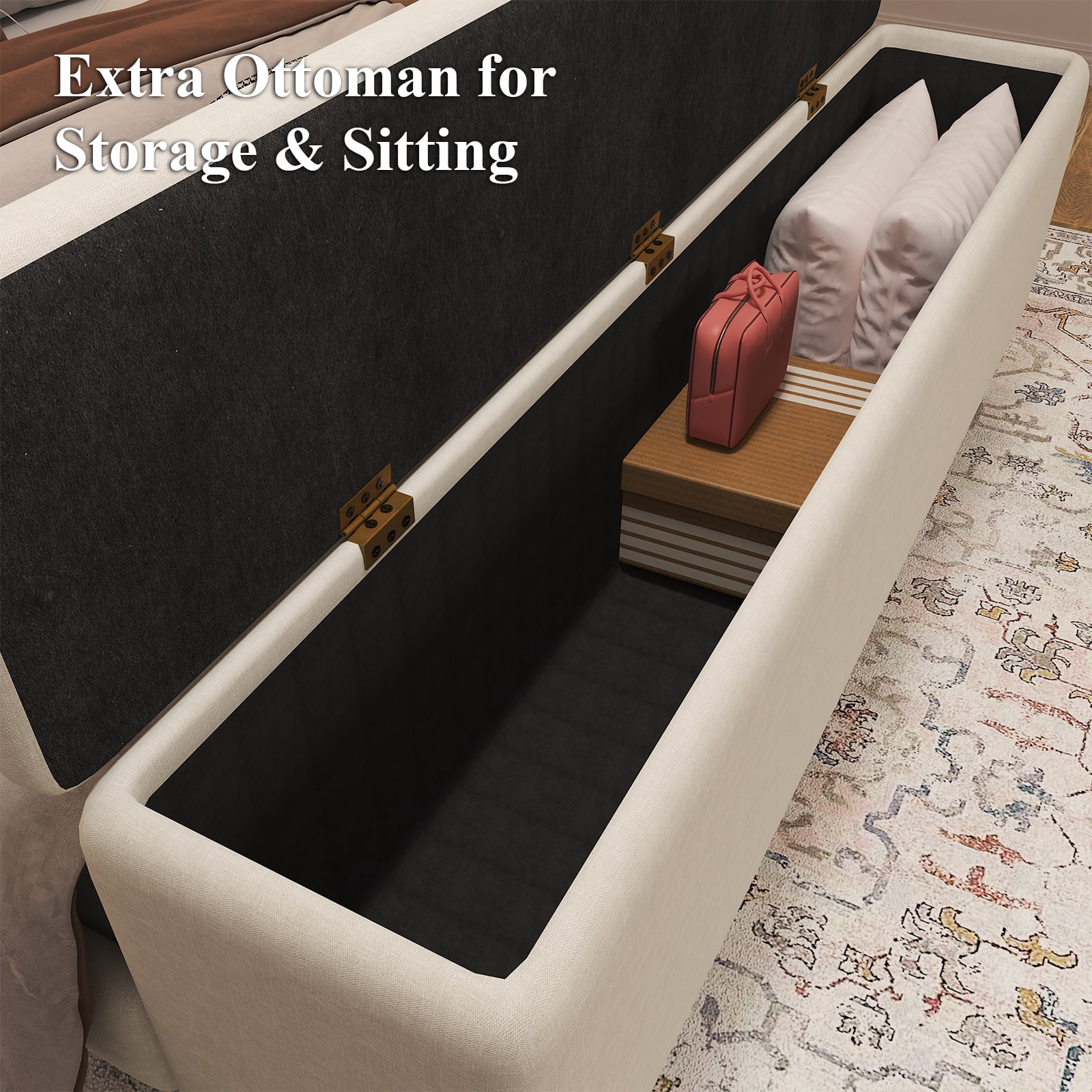 E-motie Full Upholstered Bed Frame with Storage Ottoman, Charging Station and LED, Beige Full Bed