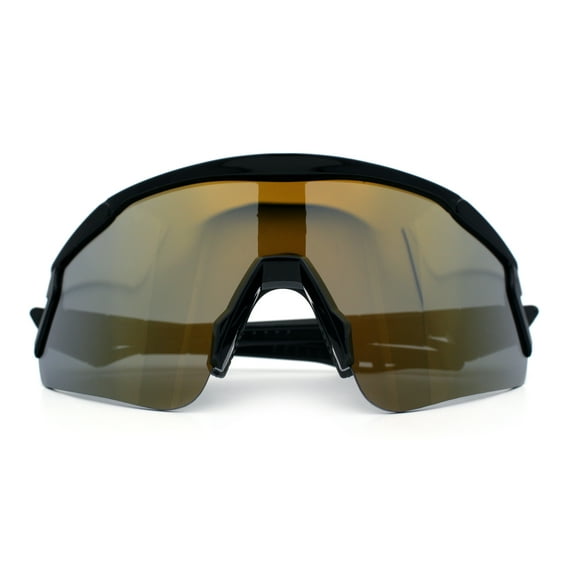 Polarized Mens Classic Oversized Mirror Wrap Half Rim Sport Plastic Sunglasses Shiny Black - Gold Mirror