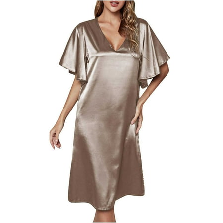 

Womens Satin Nightgowns Ruffle Short Sleeve V Neck Silk Sleepwear Elegant Nightdress Loose Lightweight Nightshirt