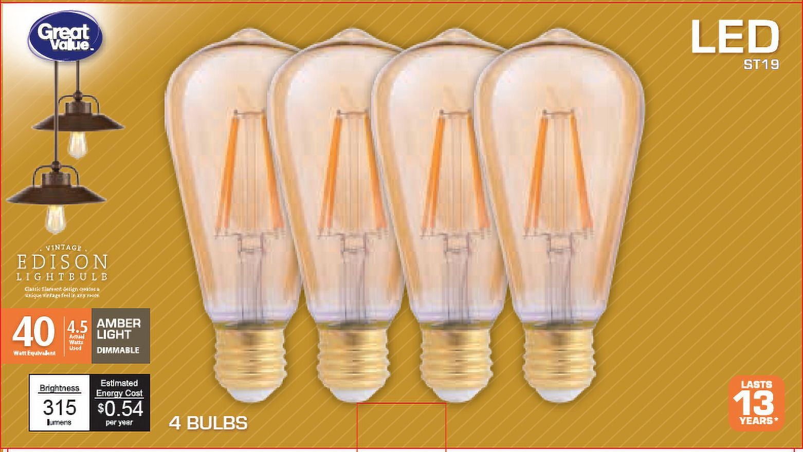 Great Value LED 4.5 Watt Deco Amber Light Medium Base Light Bulbs, ST19, 4-Count