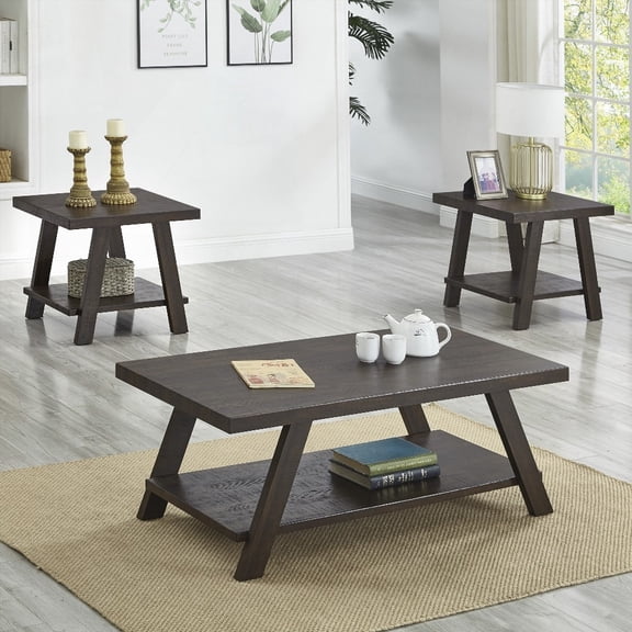 Athens Modern 3-Piece Wood Shelf Coffee Table Set in Weathered Espresso