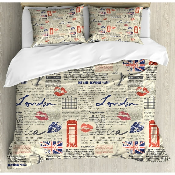 Tea Party Duvet Cover Set King Size, London Newspaper Inspired Background with Grunge Elements Kiss Marks, Decorative 3 Piece Bedding Set with 2 Pillow Shams, Beige Navy Blue Red, by Ambesonne