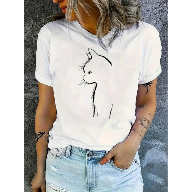 Camiseta de verano para mujer Suave elegante con Cuello redondoWomen's Black Cat Graphic Tee - Casual Short Sleeve, Stretchy & Comfortable Polyester Blend, Round Neck, Machine Washable - Perfect for