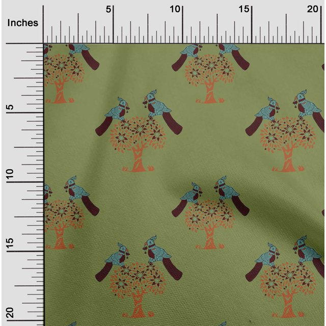 oneOone Organic Cotton Poplin Twill Fabric Bird & Tree Block Print Fabric BTY 42 Inch Wide