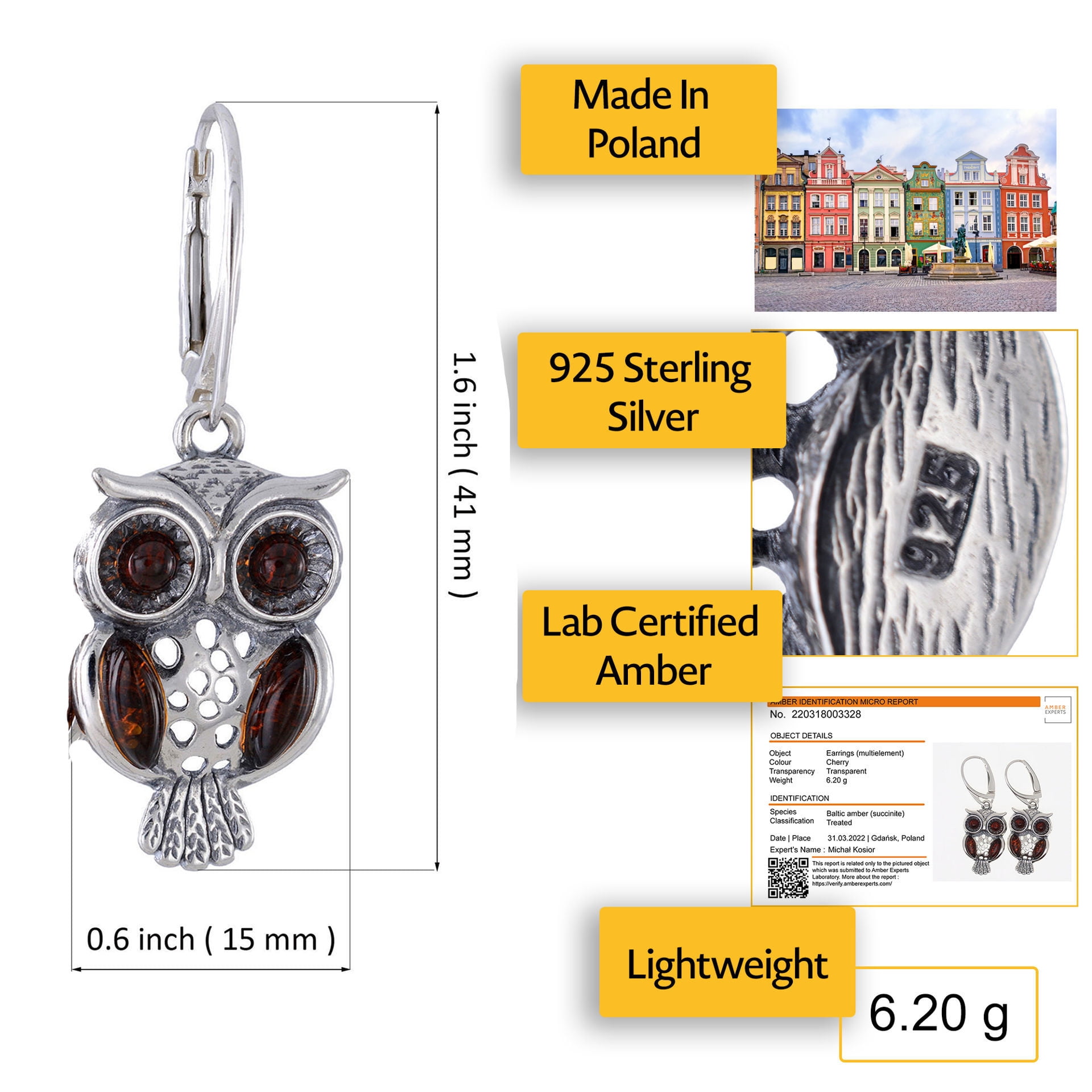 Baltic Amber Owl Drop Earrings in Sterling Silver