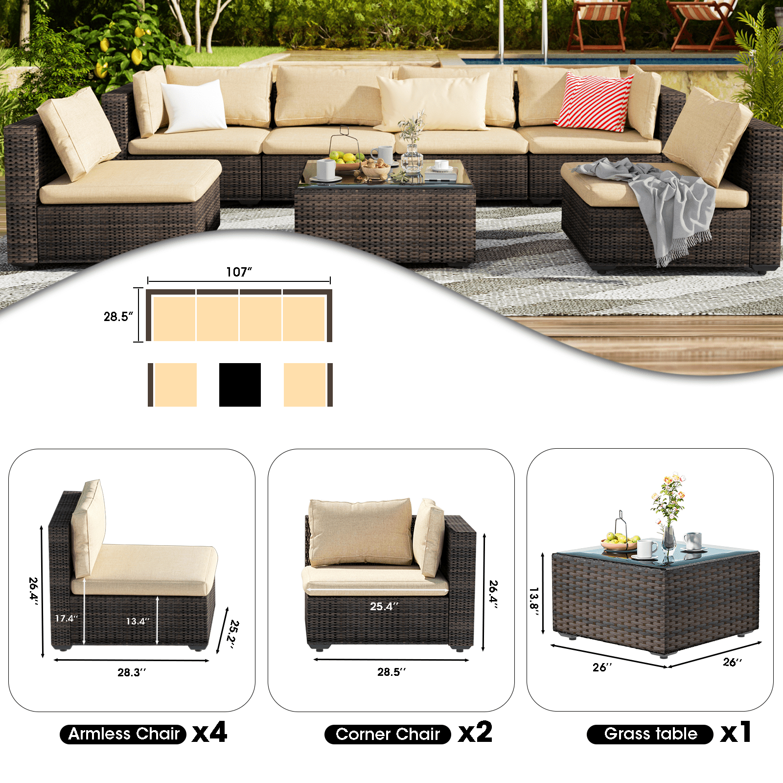 Grezone 7 Patio Outdoor Furniture Wicker Sectional Sofa Couch Lawn Sectional, Beige