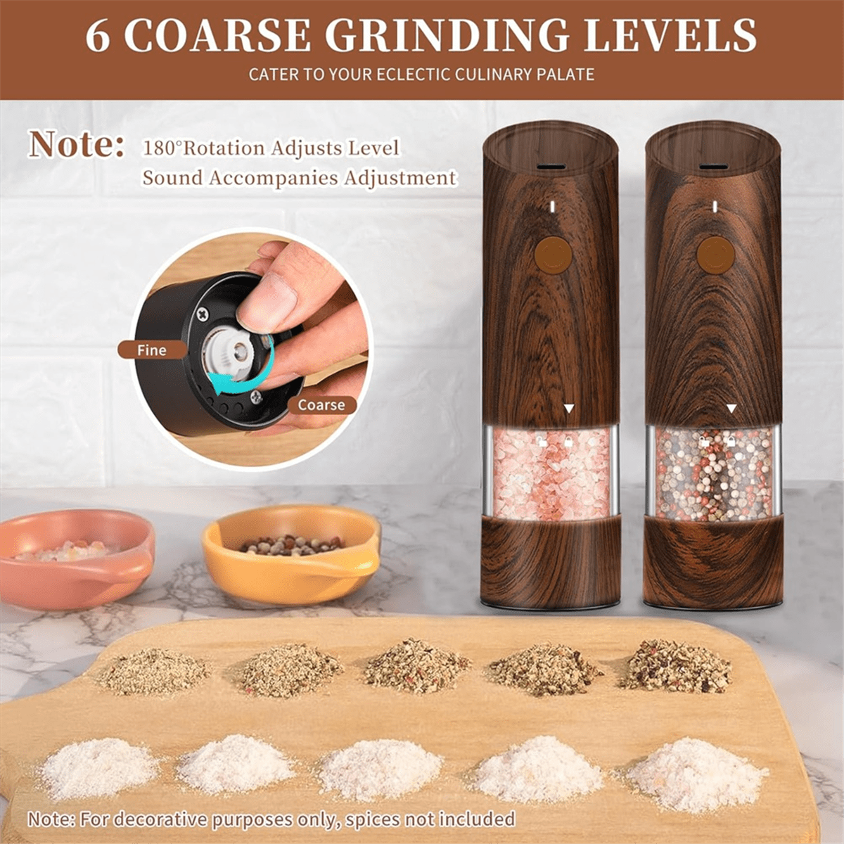 Electric Salt and Pepper Grinder Set-Automatic Pepper and Salt Grinder Refillable with 6Adjustable Coarseness Adjustable