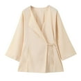 thumbnail image 1 of TRAFZA, conjunto de camisa de lino de Color sólido a la moda de verano para mujer, cárdigan con cinturón, Top tipo kimono + pantalones plisados de cintura alta para mujer, 2 piezas, 1 of 5