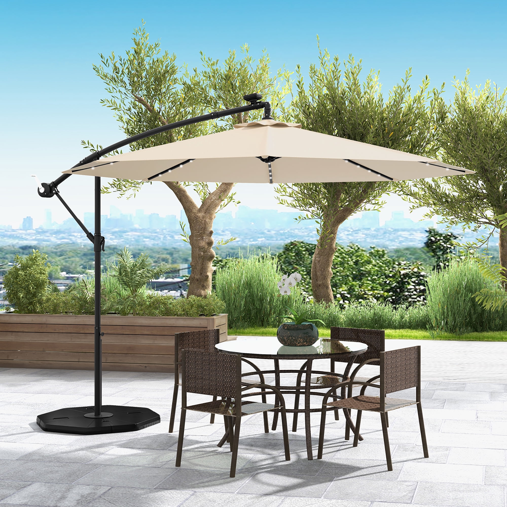 Gymax 10 ft Patio Offset Umbrella w/ Solar Lights Deck Umbrella w/ Easy Tilt Adjustment Beige