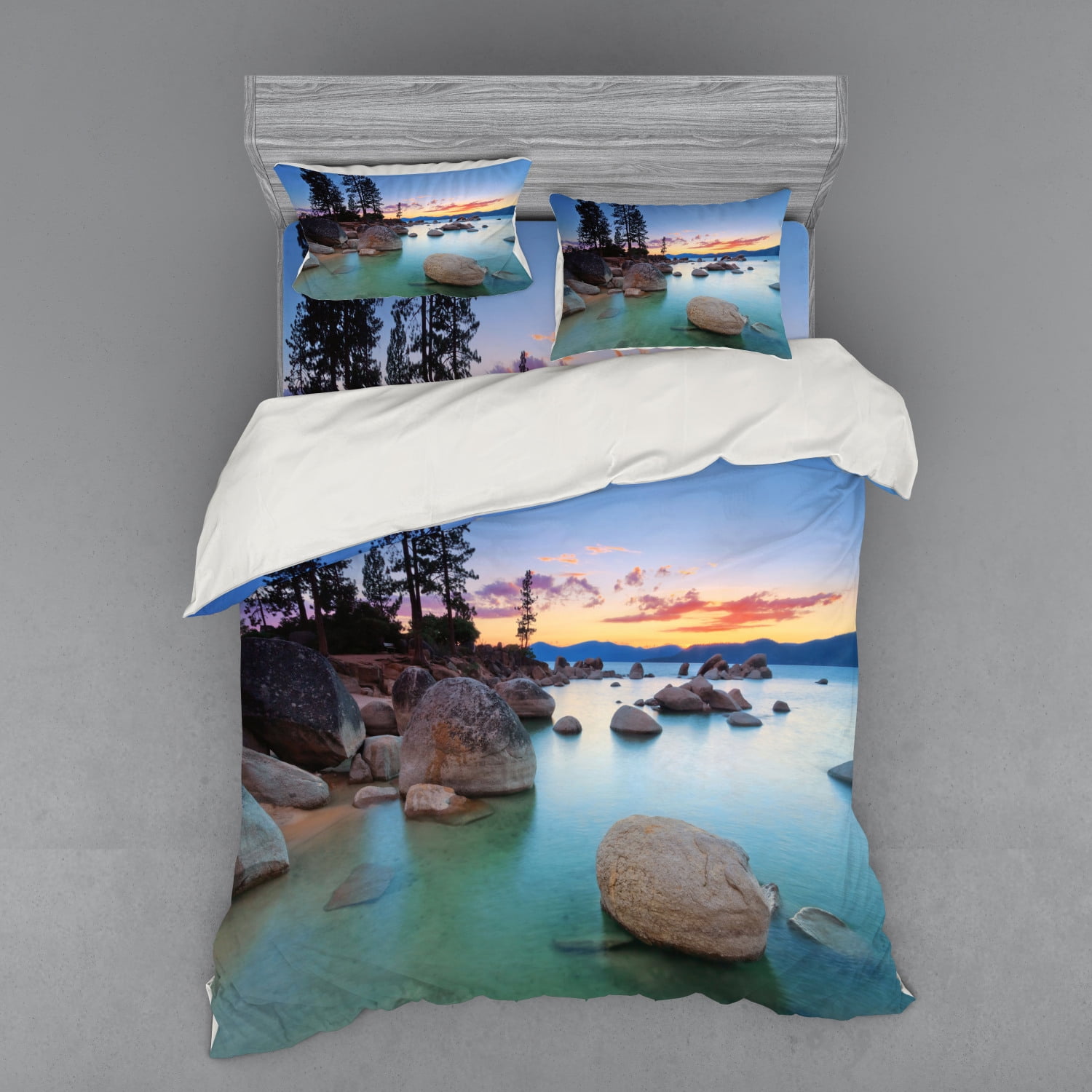 Lake Duvet Cover Set, Horizon on Stoned Sea Exquisite Sun Beams and