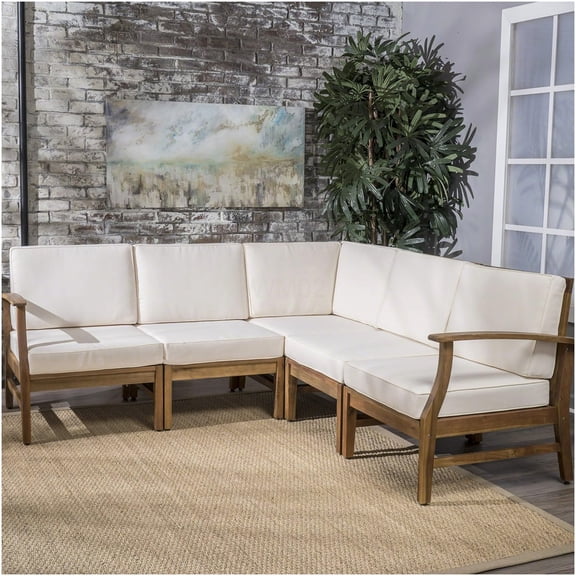Cream 5-Piece Acacia Wood Outdoor Sectional Sofa Set with Water-Resistant Cushions