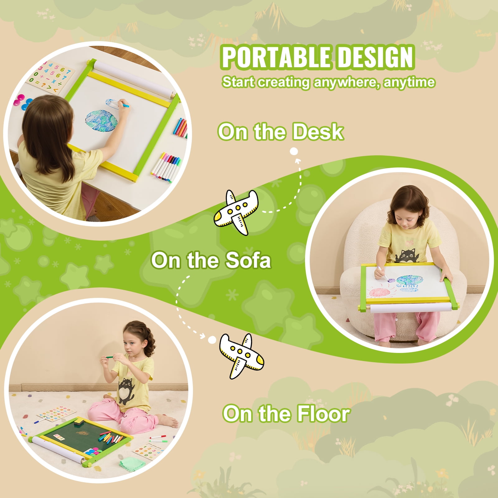 VEVOR Tabletop Art Easel for Kids, 3-in-1 Wooden Double-Sided Kides Art Easel with Magnetic Whiteboard, Chalkboard, Paper Roll, Foldable Portable Drawing Board with Painting Accessories