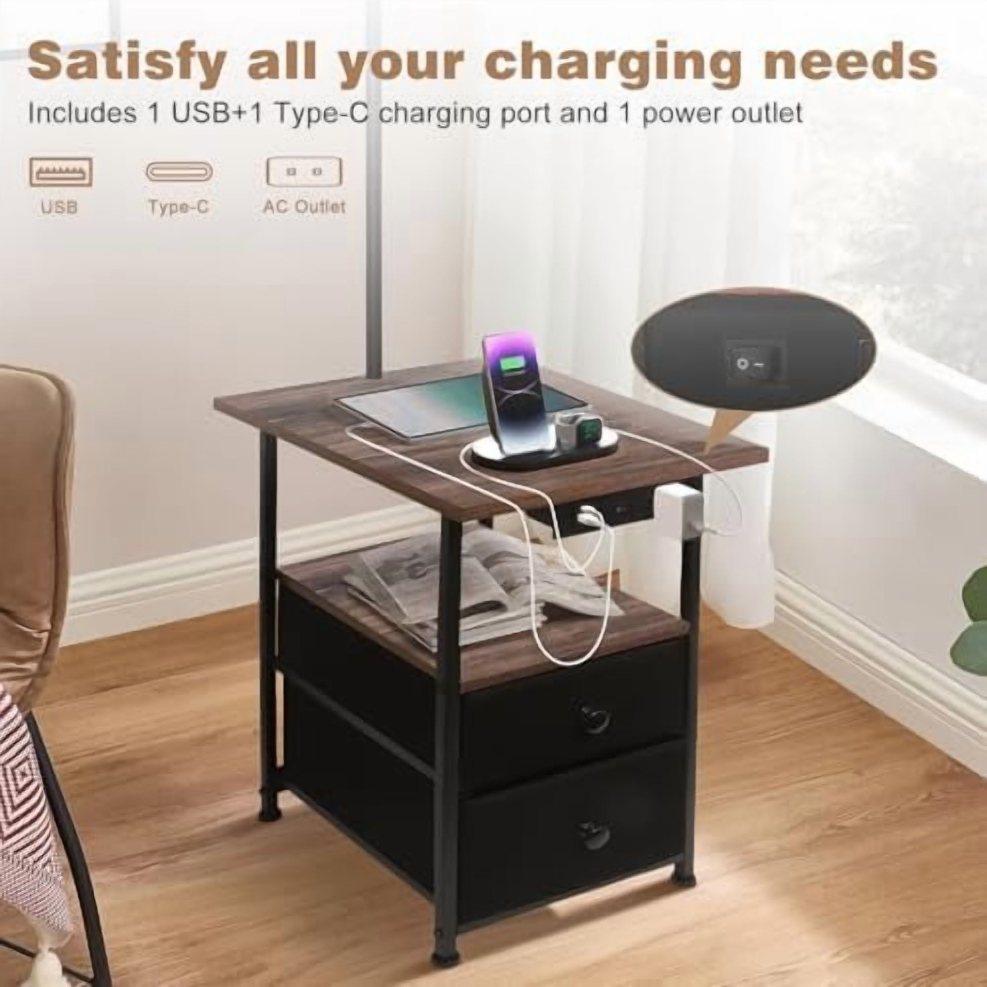 Floor Lamp with Table & 2 Drawers, End Table with 3 Color Temperature Reading Light, Side Table Lamp with USB & Type C & AC Charging Port for Bedoom, Home Office