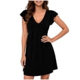 thumbnail image 3 of ClodeEU Women's Summer Babydoll Mini Dress ,Ruffle Sleeveless Deep V Neck Pleated Swing Flowy Tunic Dress Black,Womens Plus XL, 3 of 6